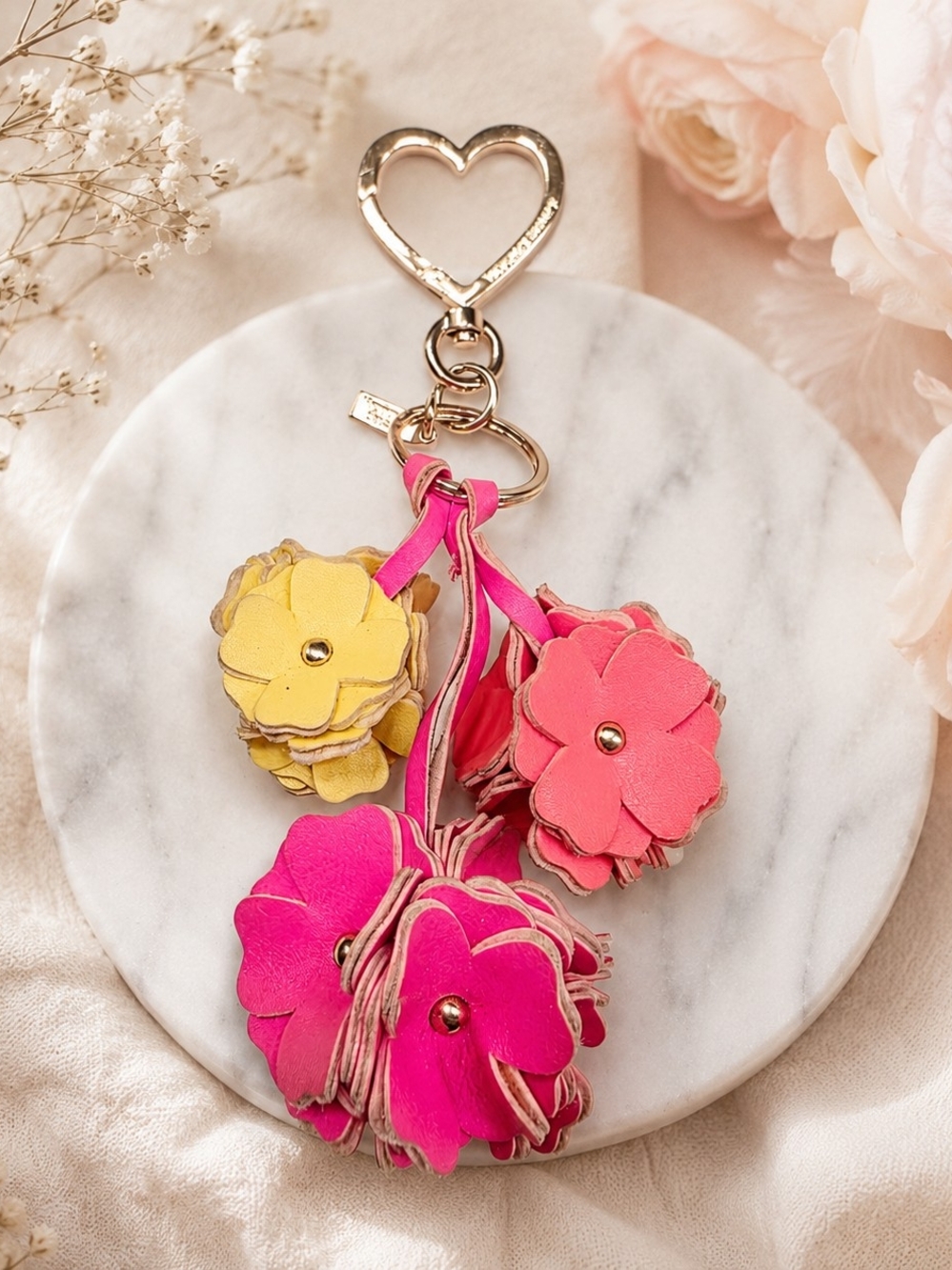 Victoria’s Secret Neon Flower Bag Charm Pink Yellow Heart Clasp Gold Hardware